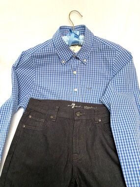 Bundle Boys 7 For All Mankind Black Jeans & Abercrombie Blue White Check Shirt